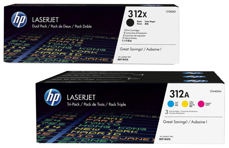 HP Original 312X / 312A Toner 5er Set - schwarz (2) hohe Kapazität, cyan, magenta, gelb, (Doppelpack CF380XD,