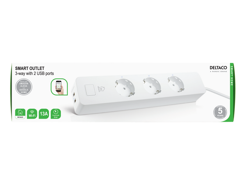 Deltaco SMART HOME Smart Branch Socket 3xCEE 7/3 USB-A 2A white