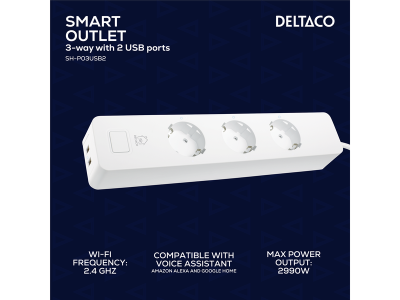 Deltaco SMART HOME Smart Branch Socket 3xCEE 7/3 USB-A 2A white