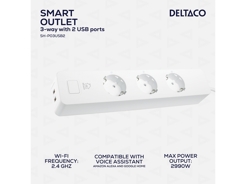 Deltaco SMART HOME Smart Branch Socket 3xCEE 7/3 USB-A 2A white