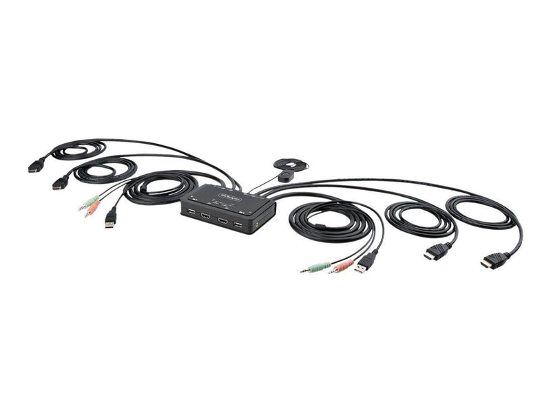 StarTech.com 2-Port Dual-Monitor HDMI Cable KVM Switch 4K 60Hz Compact KVM with 5ft/1.5m USB-A/HDMI/Audio Integrated Cables Bus