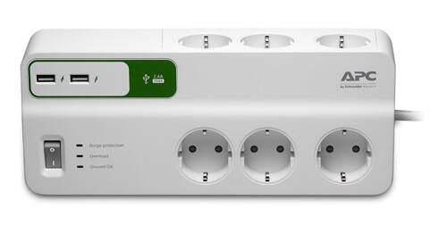 APC PM6U-GR Essential SurgeArrest 6-fach, 2 USB-Ports, 230 V