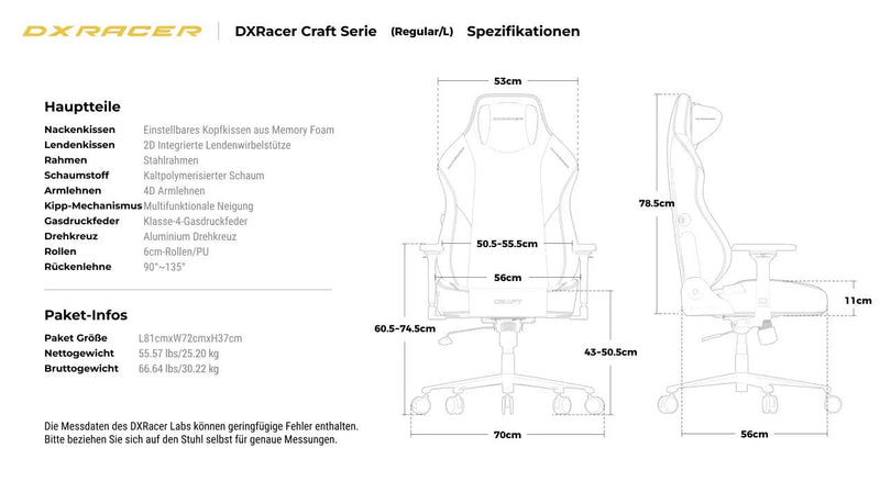 DXRacer Craft Serie GC/LCF23LTA/NW Gaming-Stuhl - Regular / L - EPU Leder - schwarz/weiß