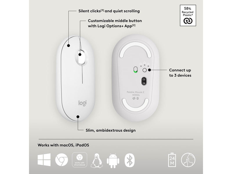 Logitech Pebble Mouse 2 M350s Wireless - Tonal White - Maus (Weiß)