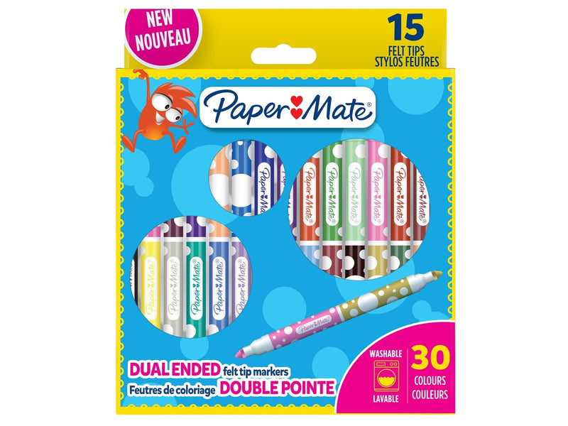 Paper Mate Malstifte mit Filzspitze für Kinder | Dual-Ended-Design | Waschbare Tinte | Verschiedene Farben | 15 Faserspitzenmark
