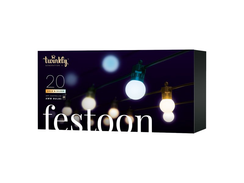 Twinkly Festoon – 20 App-controlled Warm to Cool White LEDs. 10 Meters. Black Wire.