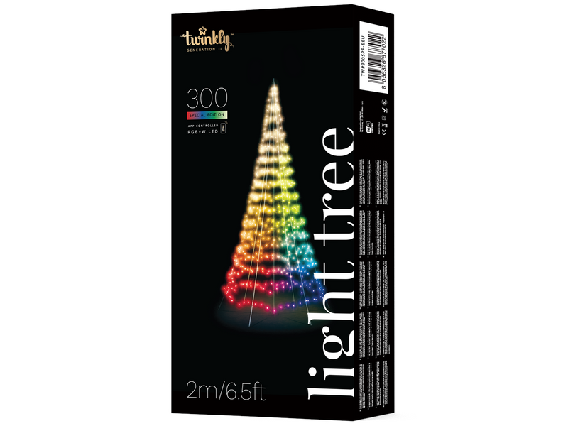 Twinkly Light Tree – 2 Meters Flag-pole Tree with 300 RGB + Warm White LEDs. Black Wire. Pole Included.