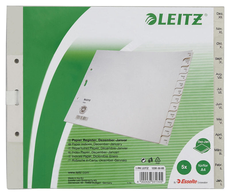 LEITZ Ordnerregister 1230 Halbformat, Überbreite Dez.-Jan. grau 12-teilig - 5 Satz