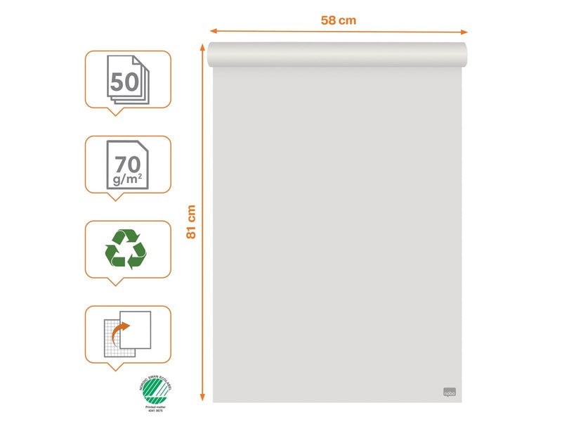Nobo Premium Flipchart Recycled Paper Pad 600x890mm Reversible Plain or Gridded paper 50 Sheet 70gsm 1 Pack Rolled