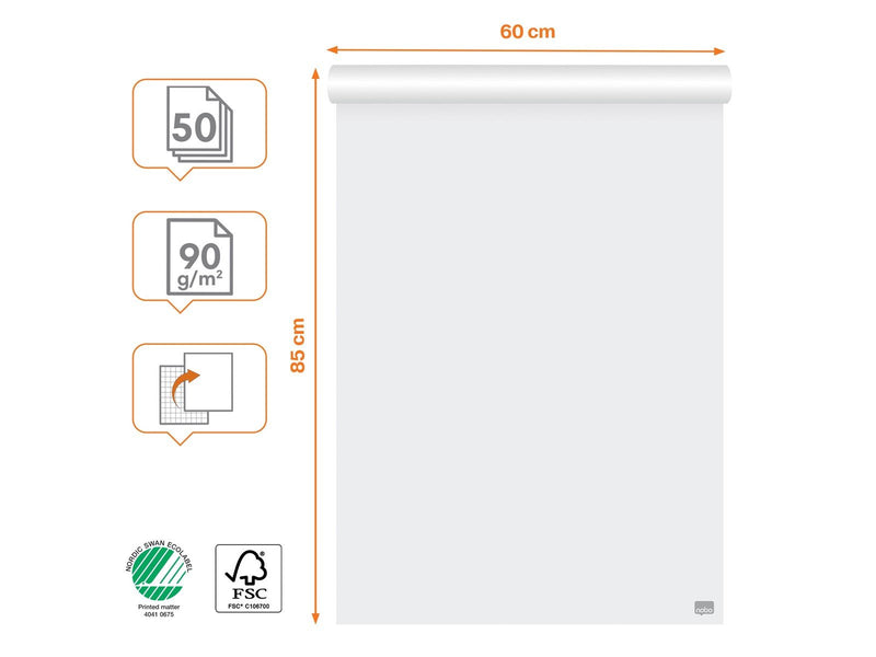 Nobo Premium Flipchart Paper Pad 600x890mm Reversible Plain or Gridded Paper 50 sheet 90gsm 1 Pack Rolled