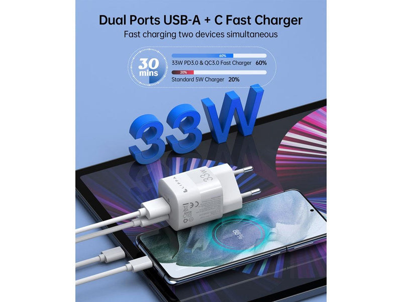 Lippa 33W USB-C PD & USB-A QC GaN Wall Charger - White
