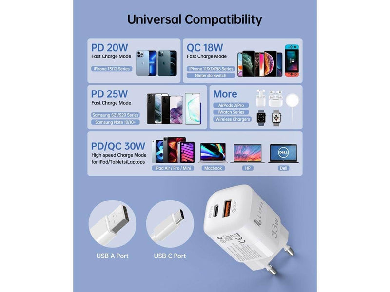 Lippa 33W USB-C PD & USB-A QC GaN Wall Charger - White