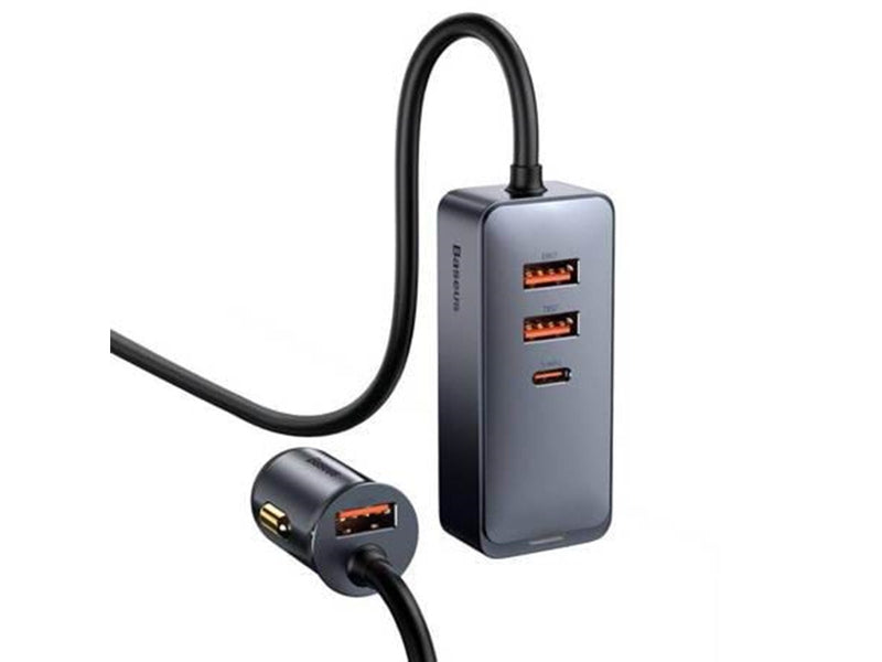 Baseus Car charger  Share Together with extension cord 3x USB USB-C 120W (grey)