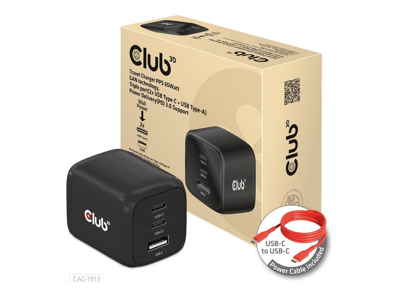 Club 3D CAC-1913 power adapter - GaN technology triple port - USB Type A 2 x USB-C - 65 Watt