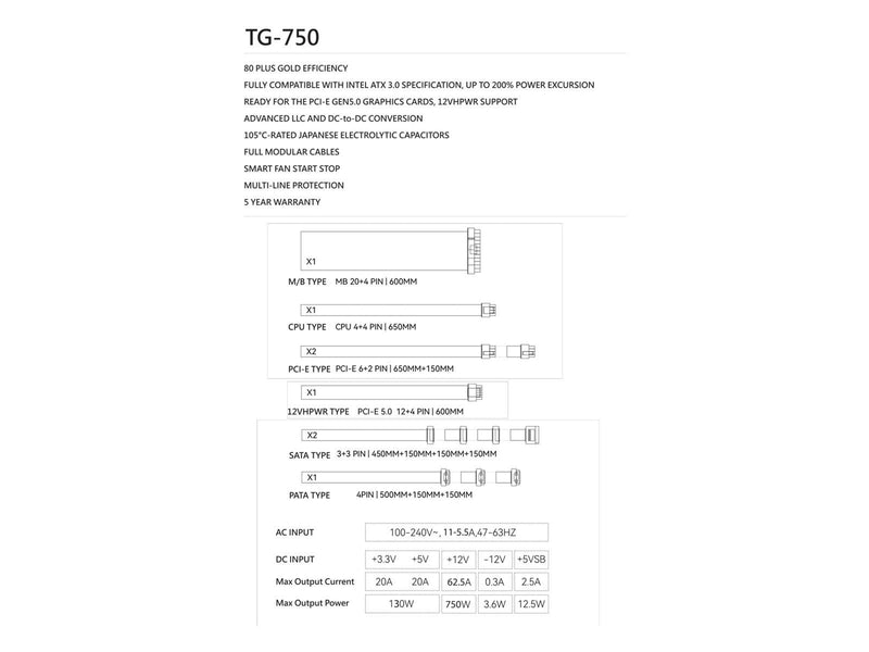 Thermalright TG (Modular) Weiß mit RGB LED-Beleuchtung - Netzteile - 750 Watt - 120 mm - ATX 3.0 - 80 Plus Gold zertifiziert