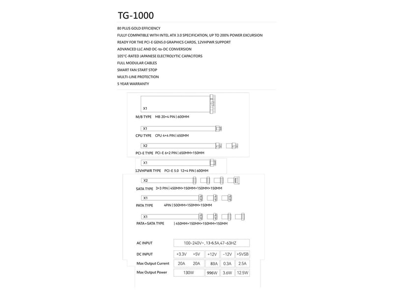 Thermalright TG (Modular) schwarz - Netzteile - 1000 Watt - 120 mm - ATX 3.0 - 80 Plus Gold zertifiziert