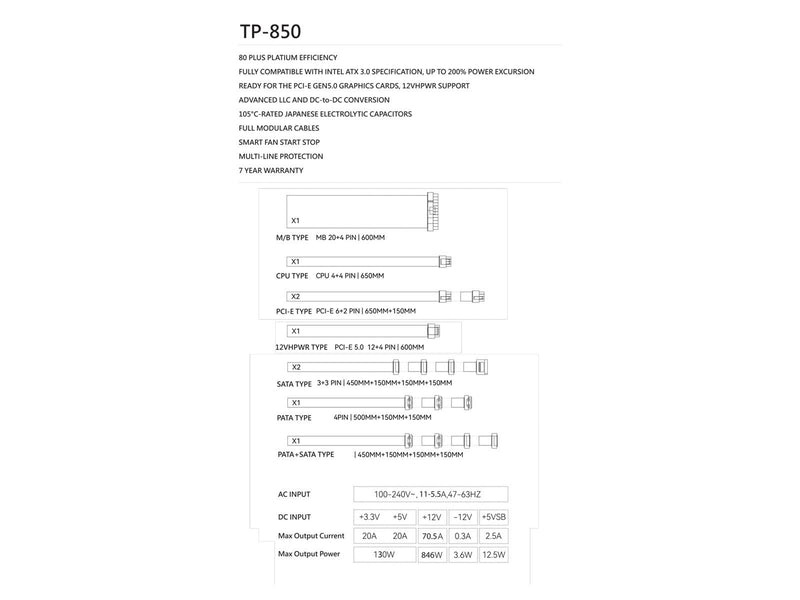 Thermalright TP schwarz - Netzteile - 850 Watt - 120 mm - ATX 3.0 - 80 Plus Platinium
