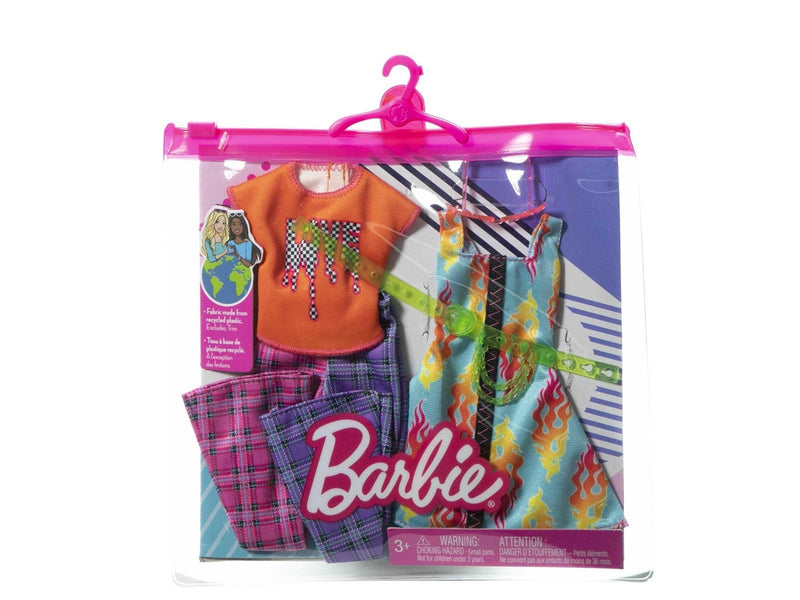 Barbie Fashions 2 Pack - Love T-shirt Check Flared Pants & Flames Print Dress