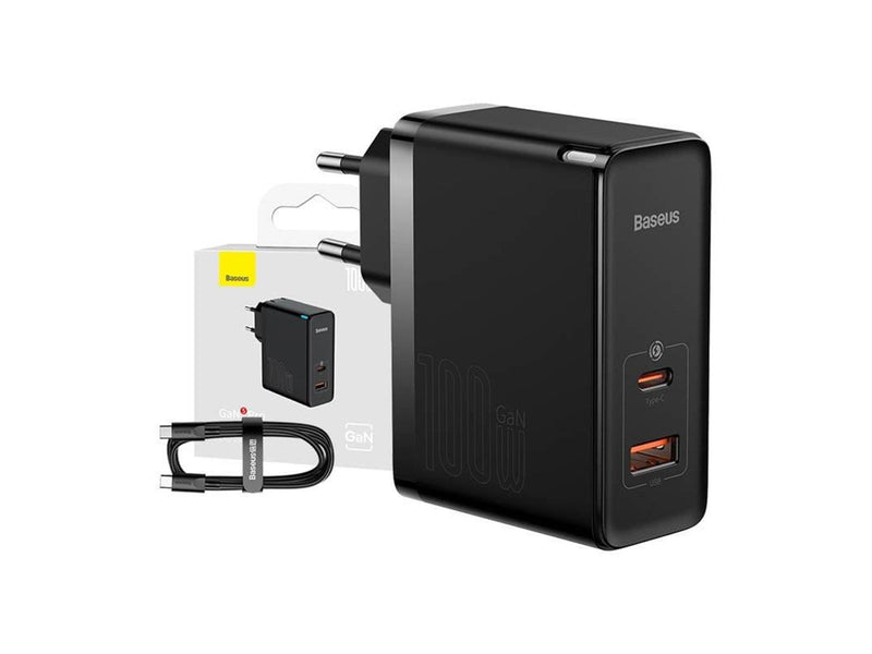 Baseus GaN USB-C + USB 100W + 1m cable (black)