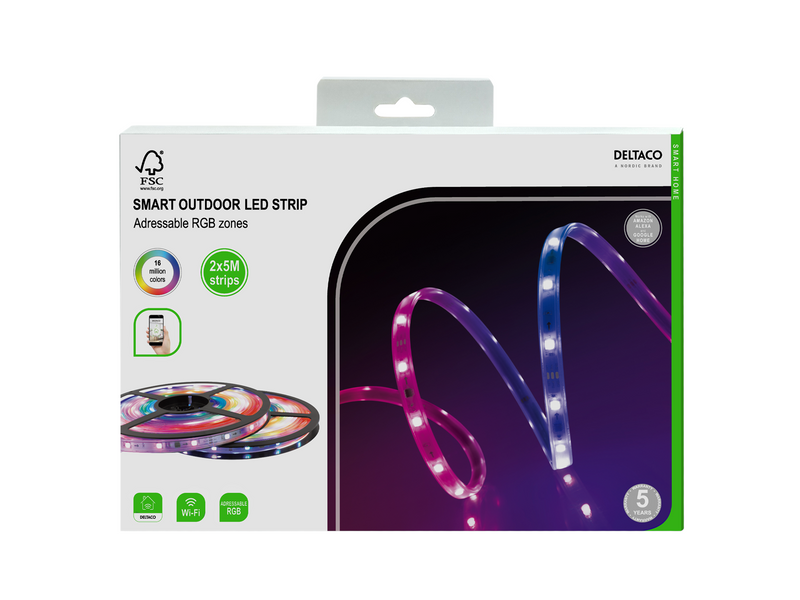 Deltaco Smart-LED-Streifen für den Außenbereich, RGB, 10 m (2 x 5 m)