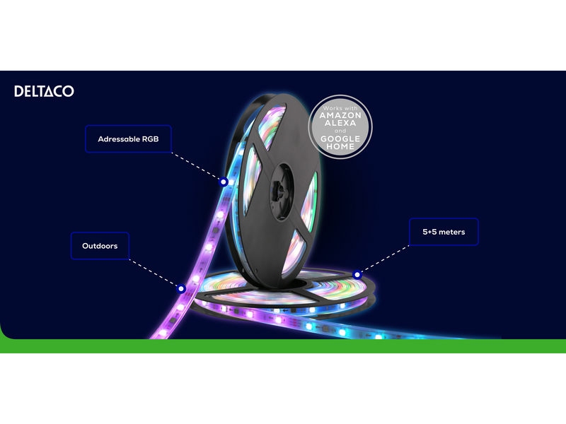 Deltaco Smart-LED-Streifen für den Außenbereich, RGB, 10 m (2 x 5 m)