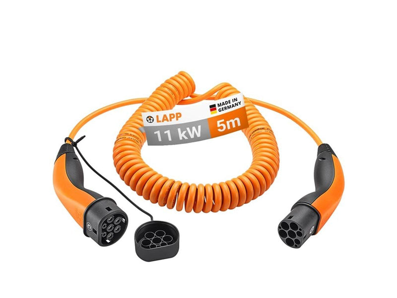 LAPP Type 2 Spiral Charging Cable, up to 11 kW, 5 m, orange