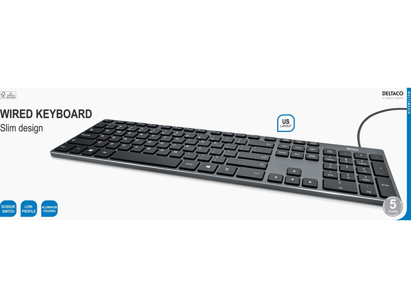 Deltaco Wired slim office keyboard low-profile aluminum - US-Englisch