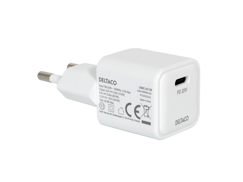 Deltaco USB-C mini wall charger 1x USB-C PD 20 W white