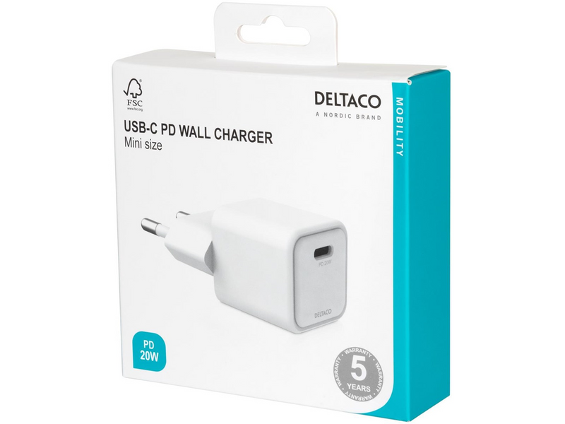 Deltaco USB-C mini wall charger 1x USB-C PD 20 W white