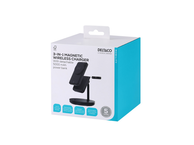 Deltaco QI-1045 - 3-in-1 magnetic wireless charger