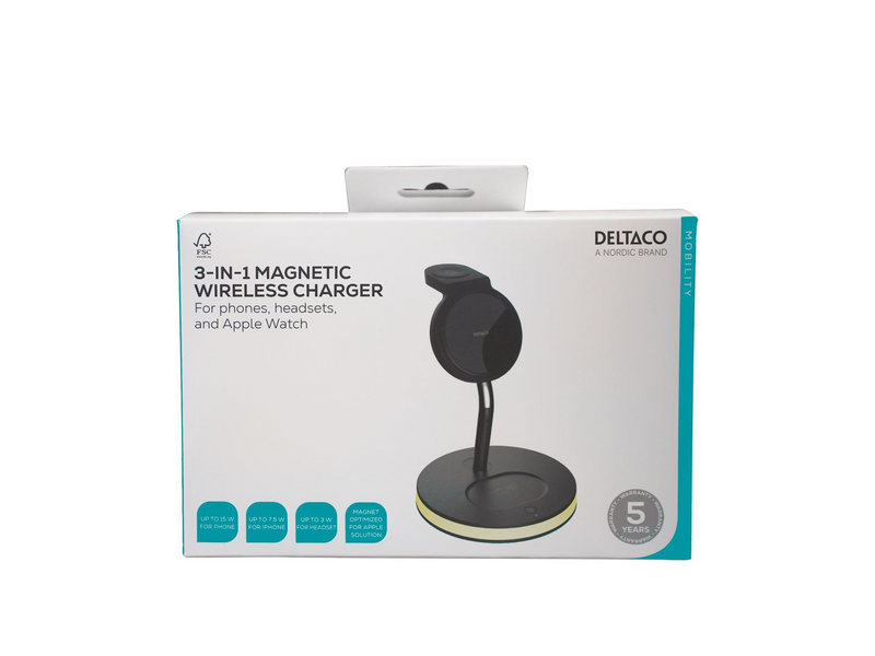 Deltaco 3-in-1 magnetic wireless charger black