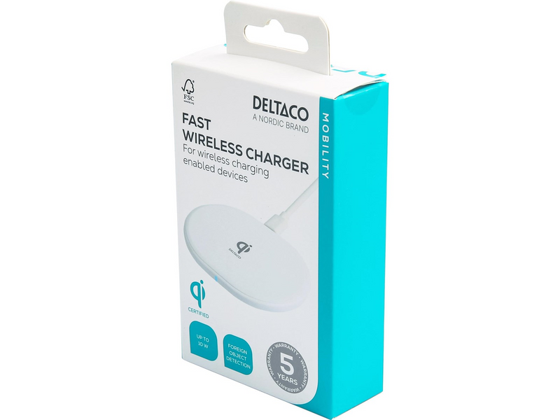 Deltaco Wireless charger 10 W USB-C Qi certified white