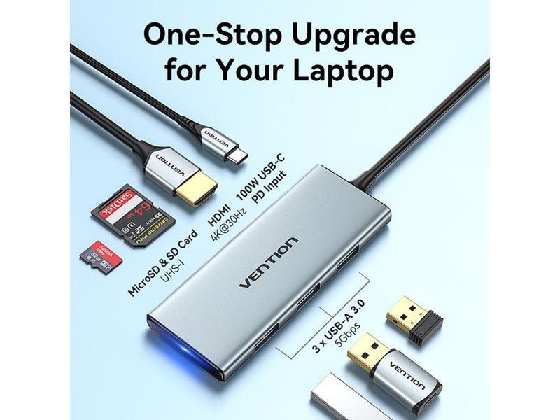 Vention USB-C to HDMI/USB 3.0x3/SD/TF/PD Docking Station 0.15M Gray Aluminum Alloy Type USB-Hubs - USB 3.0 - 6 - silber