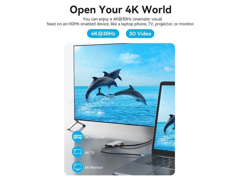 Vention USB-C to HDMI/USB 3.0x3/SD/TF/PD Docking Station 0.15M Gray Aluminum Alloy Type USB-Hubs - USB 3.0 - 6 - silber