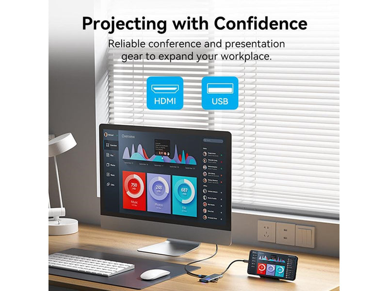 Vention USB-C to HDMI/USB 3.0x3/SD/TF/PD Docking Station 0.15M Gray Aluminum Alloy Type USB-Hubs - USB 3.0 - 6 - silber