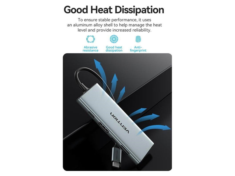 Vention USB-C to HDMI/USB 3.0x3/SD/TF/PD Docking Station 0.15M Gray Aluminum Alloy Type USB-Hubs - USB 3.0 - 6 - silber