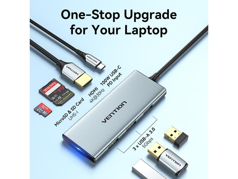 Vention USB-C to HDMI/USB 3.0x3/SD/TF/PD Docking Station 0.15M Gray Aluminum Alloy Type USB-Hubs - USB 3.0 - 6 - silber