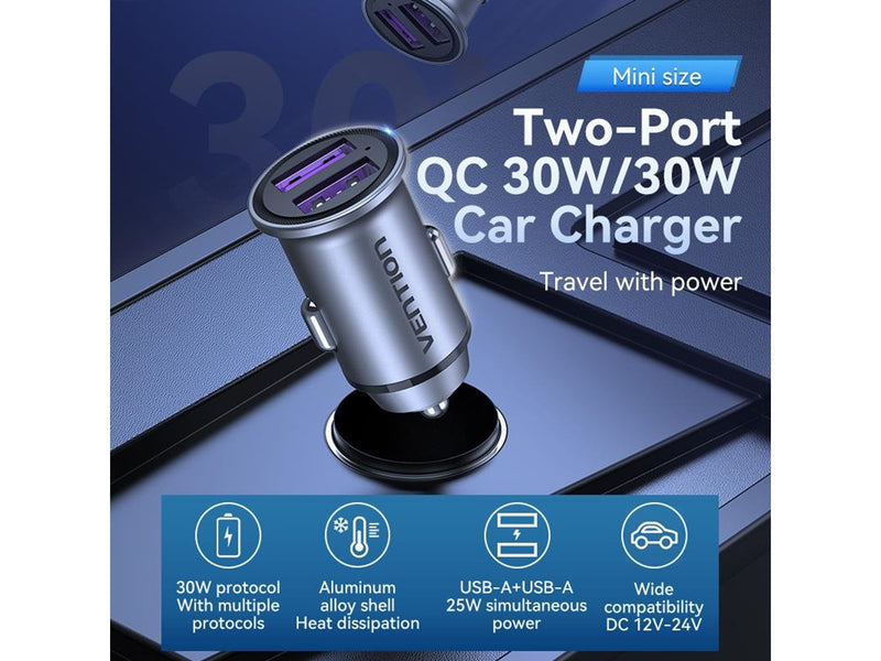 Vention Two-Port USB A+A(30/30) Car Charger Gray Mini Style Aluminium Alloy Type