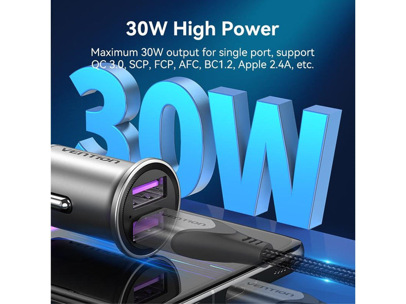 Vention Two-Port USB A+A(30/30) Car Charger Gray Mini Style Aluminium Alloy Type