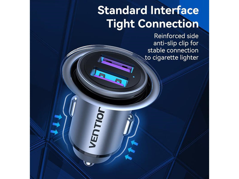 Vention Two-Port USB A+A(30/30) Car Charger Gray Mini Style Aluminium Alloy Type