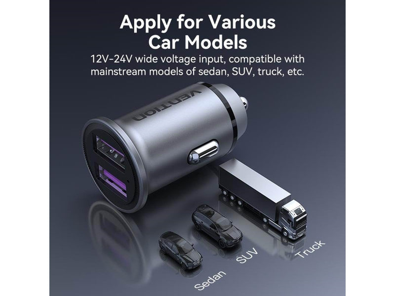 Vention Two-Port USB A+A(30/30) Car Charger Gray Mini Style Aluminium Alloy Type