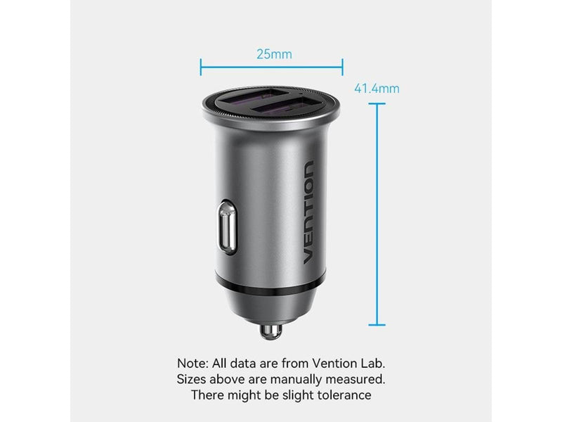 Vention Two-Port USB A+A(30/30) Car Charger Gray Mini Style Aluminium Alloy Type