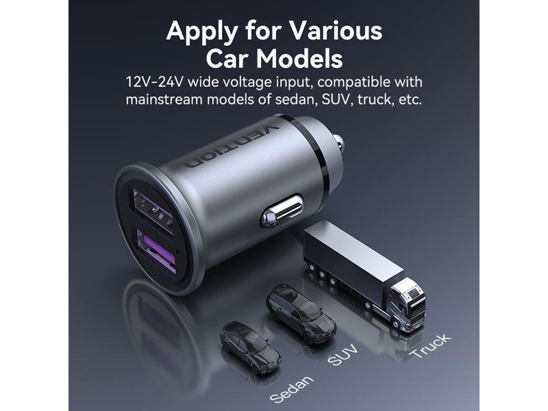 Vention Two-Port USB A+A(30/30) Car Charger Gray Mini Style Aluminium Alloy Type