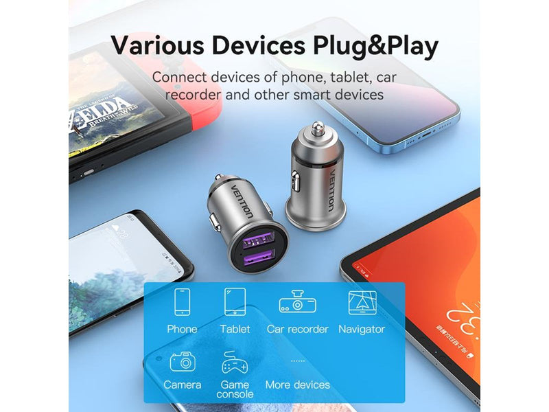 Vention Two-Port USB A+A(30/30) Car Charger Gray Mini Style Aluminium Alloy Type