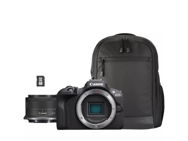 Canon EOS R100 + RF-S 18-45mm IS STM Travel Kit (Shoulder Bag + 64GB SD Card)