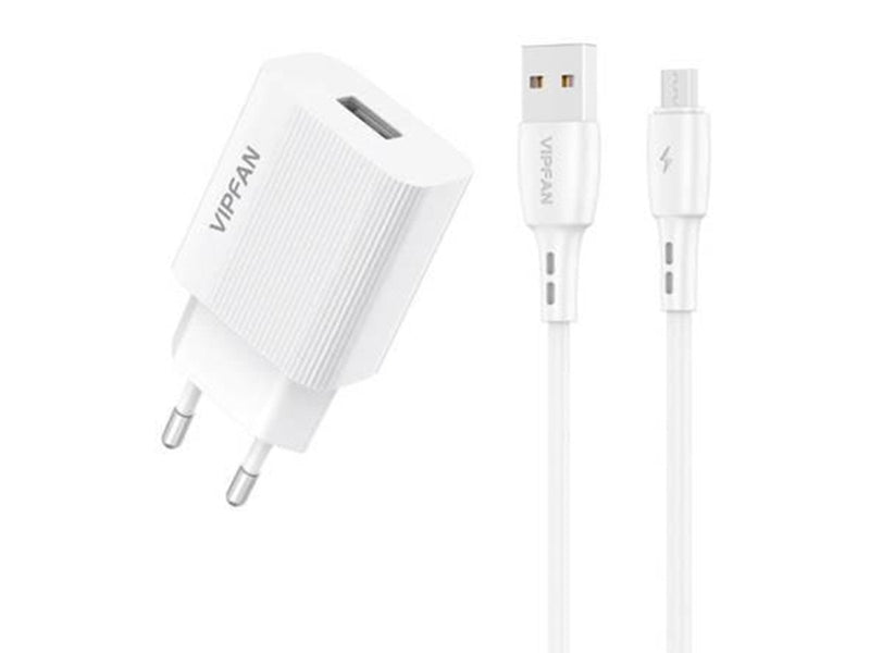 Vipfan Mains charger  E01 1x USB 2.4A + Micro USB cable (white)