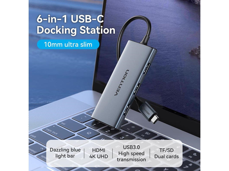 Vention TOOHB USB-C to HDMI 3x USB 3.0 SD TF hub 0.15m (Gray) USB-Hubs - USB 3.0 - 3 - Grau