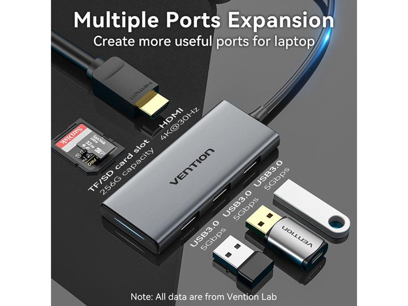 Vention TOOHB USB-C to HDMI 3x USB 3.0 SD TF hub 0.15m (Gray) USB-Hubs - USB 3.0 - 3 - Grau