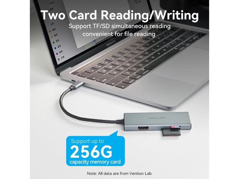 Vention TOOHB USB-C to HDMI 3x USB 3.0 SD TF hub 0.15m (Gray) USB-Hubs - USB 3.0 - 3 - Grau