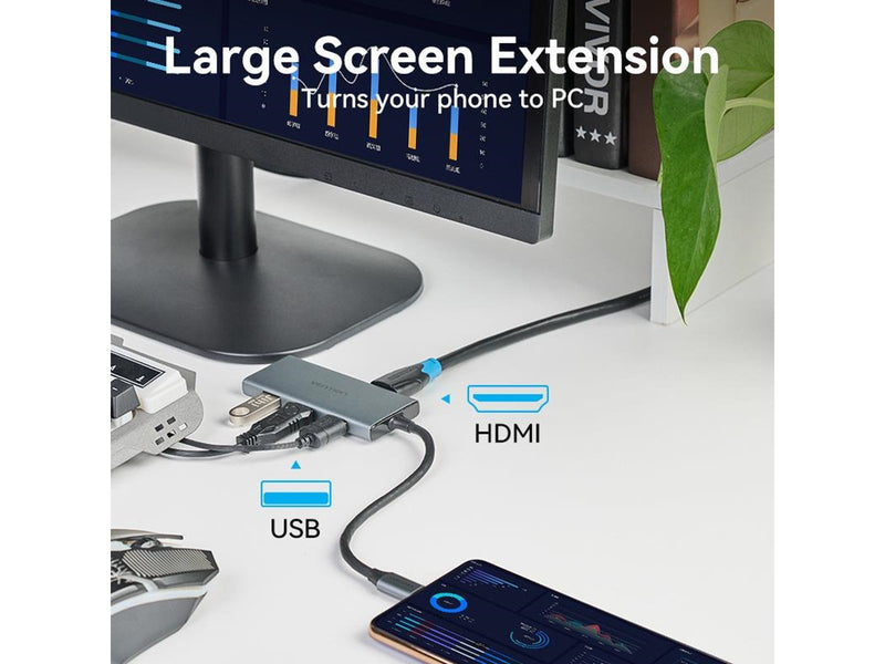 Vention TOOHB USB-C to HDMI 3x USB 3.0 SD TF hub 0.15m (Gray) USB-Hubs - USB 3.0 - 3 - Grau